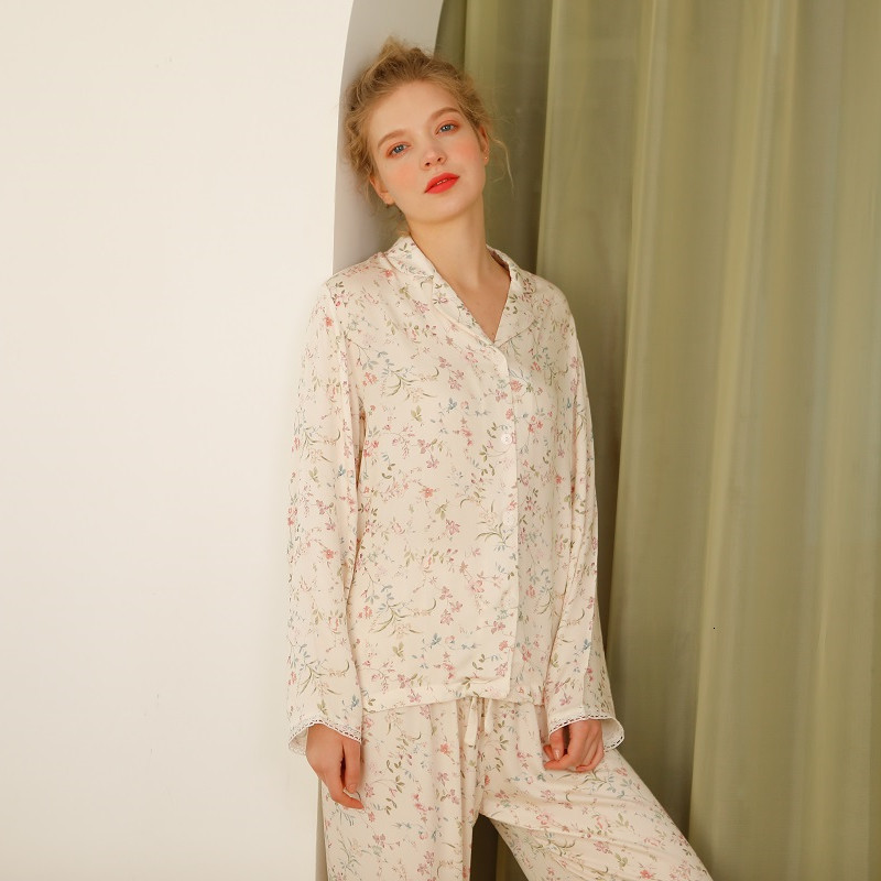Women's Sleepwear Viscose Fashion Pajama Sets For Women Casual Long Sleeve Floral Print Sleepwear Spring Autumn Loose Home Clothes 230310