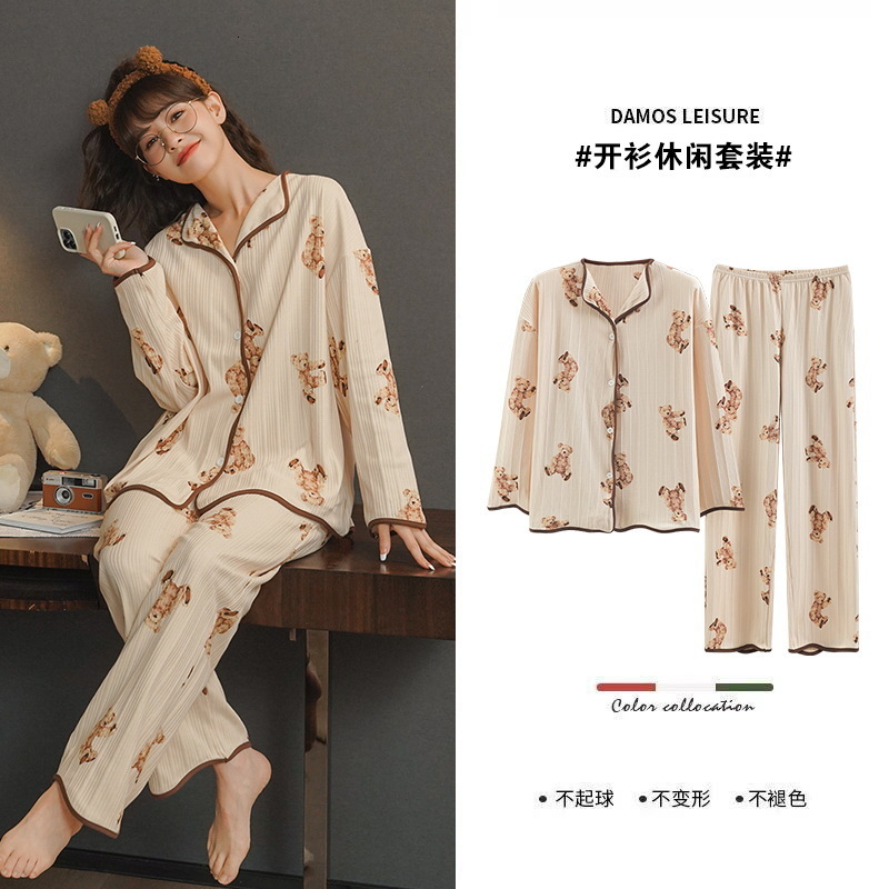 Women's Sleepwear Women's Pajamas Autumn/Winter Long Sleeve Pants Cardigan Lapel Covered Cartoon Simple Cotton Large Size Homewear Set 23031