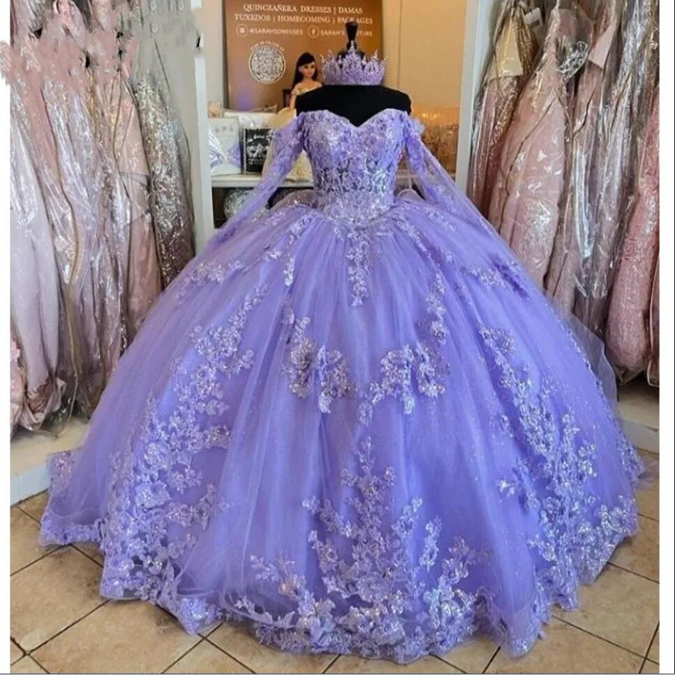 Lavender lilac Quinceanera Dresses 3D Flowers Appliques Off Shoulder lace-up corset long sleeve Princess vestidos de 15 anos