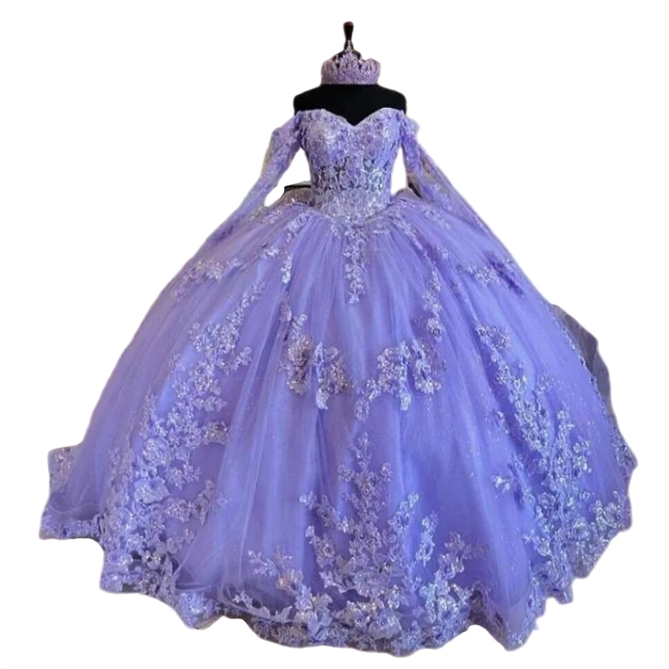 Lavender lilac Quinceanera Dresses 3D Flowers Appliques Off Shoulder lace-up corset long sleeve Princess vestidos de 15 anos