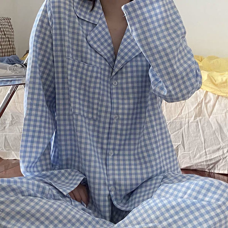 Women's Sleepwear Pajama Sets Women Spring Female Sleepwear Plaid Harajuku Fashion All-match Chic Retro Loose Sweet Preppy Simple Ins 230310