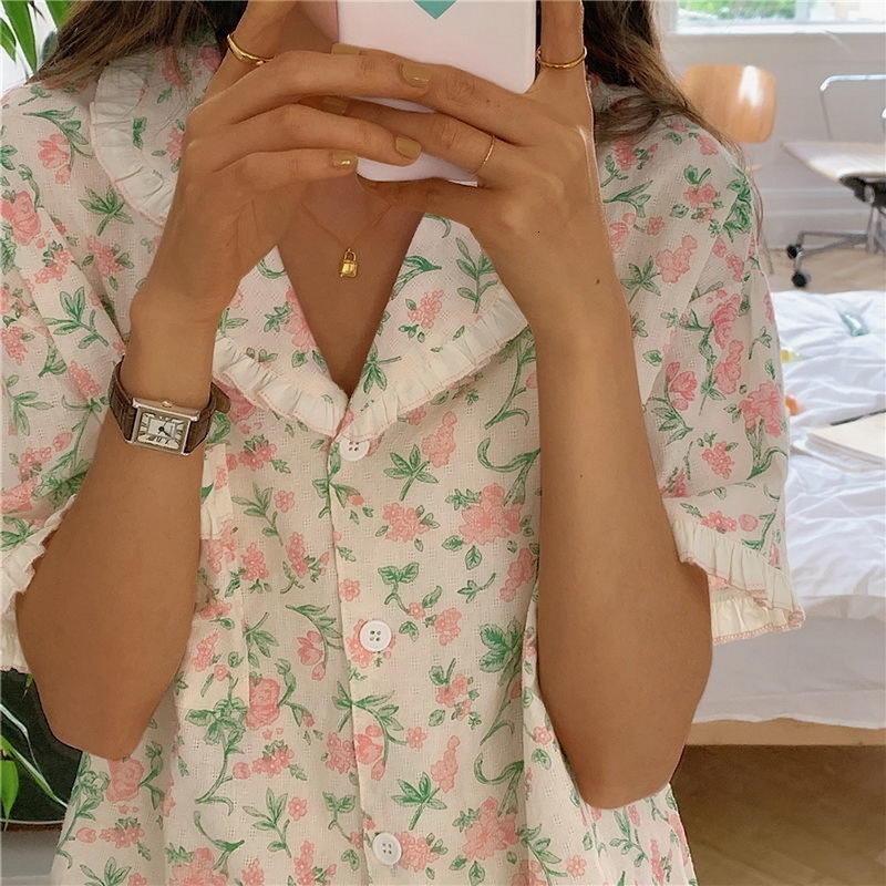 Women's Sleepwear Korean Style Women Pijimas Floral Print Casual Homewear Short Sleeve TopsShorts Ruffles Pajamas Set with Pocket Sleepwear 23031