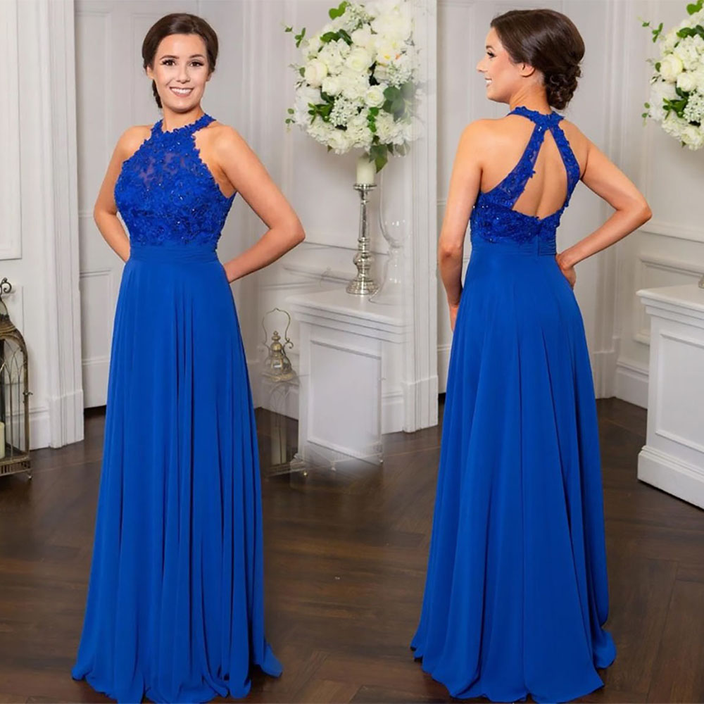 Bridesmaid Dresses Plus Size Royal Blue Gown Formal For Weddings A Line Sleeveless Floor-Length Chiffon New Zipper NONE Train O-Neck Applique Custom P
