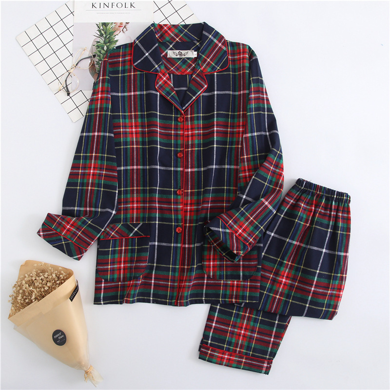 Women's Sleepwear Women's Autumn and Winter Cotton Brushed Flannel Long-sleeved Cardigan Plaid Clothes with Long Trouser Womens Two Piece Se