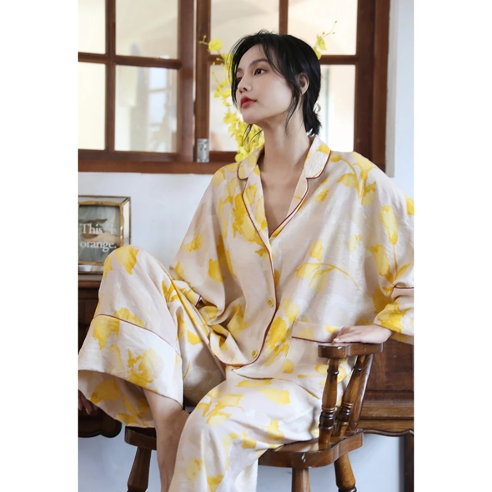 Women's Sleepwear Spring Floral Printed Pajamas Set Loungewear Sleepwear Pijamas Women Long Sleeve Wide Leg Pyjama Set Woman 2 Pieces 230310