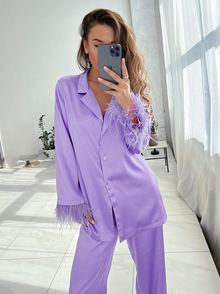 Women's Sleepwear Hiloc Feathers Satin Pajamas For Women Sets Lapel Splicing Sleepwear Women's Suit Single-Breasted Nightwear Winter Fashion
