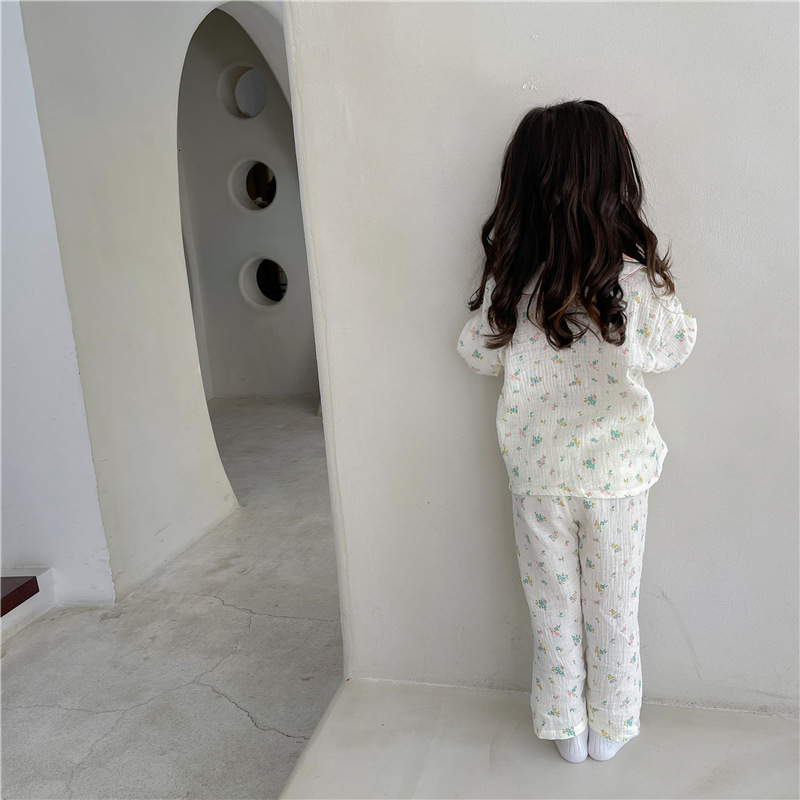 Pajamas Girls Pajamas Kids Spring Long Sleeve Sleepwear Cotton Linen Floral Toddler Kids Clothing Sets Pyjamas 230310