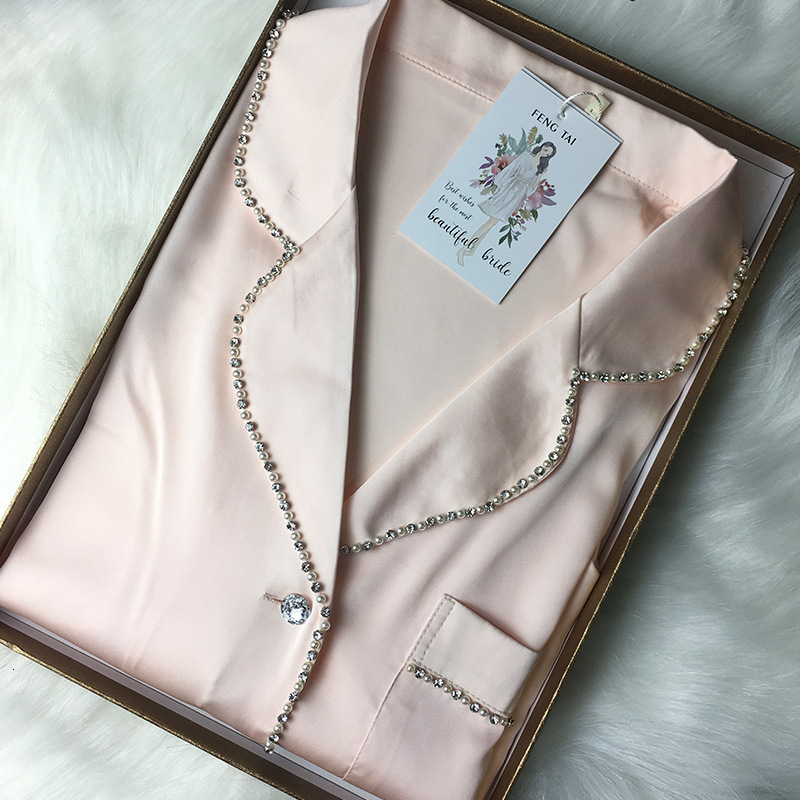 Women's Sleepwear Women's Silk-encrusted Diamond-trimmed Long-sleeved Long Pants Pajama Set Wear Home Suit Silk Pajamas Sexy Pajamas 230310