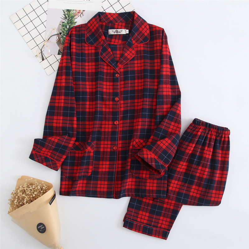 Women's Sleepwear Women's Autumn and Winter Cotton Brushed Flannel Long-sleeved Cardigan Plaid Clothes with Long Trouser Womens Two Piece Se