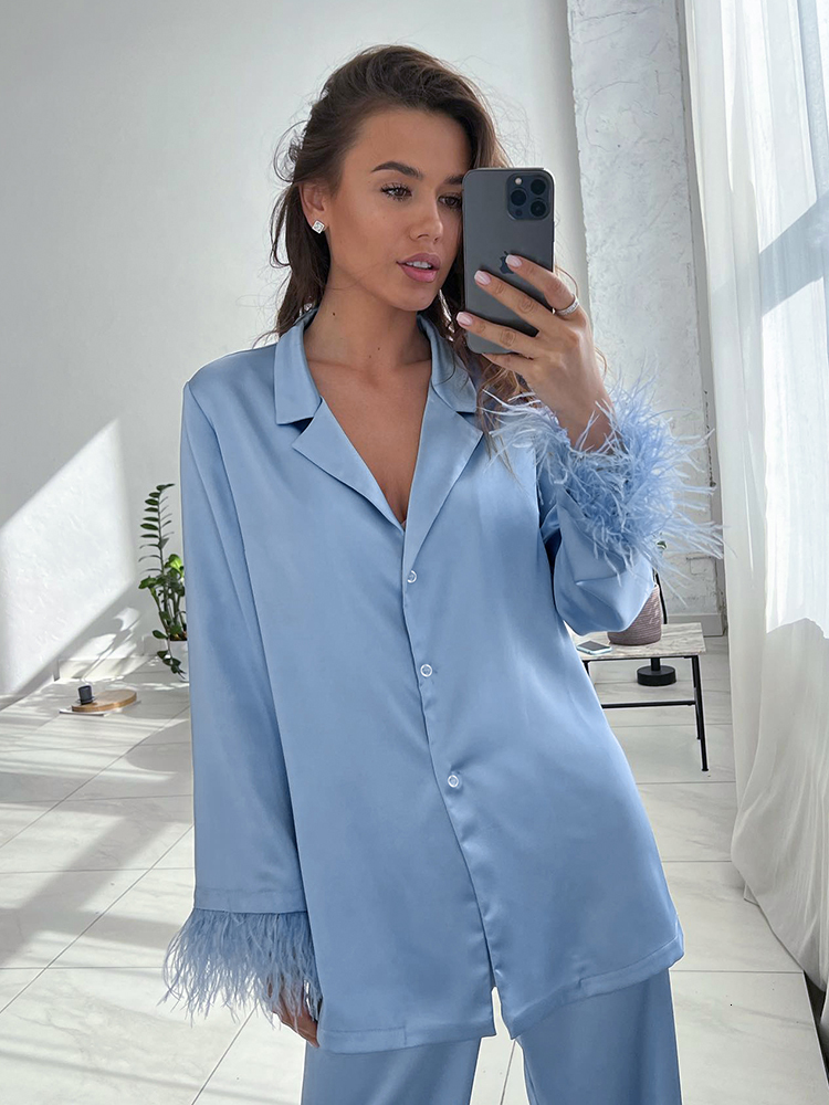 Women's Sleepwear Hiloc Feathers Satin Pajamas For Women Sets Lapel Splicing Sleepwear Women's Suit Single-Breasted Nightwear Winter Fashion
