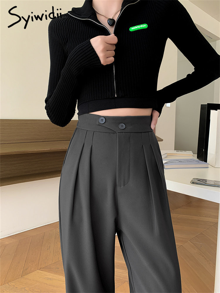 Women's Capris Syiwidii Wide Leg Suits for Women High Waisted Fashion Casual Loose Straight Pants Front Pleated Black Coffee Trousers 230310 Z260