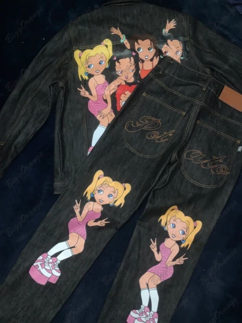 Mens Jeans High quality double ponytail girls print jeans gothy y2k loose straight leg wide pants street s fashion women 230310