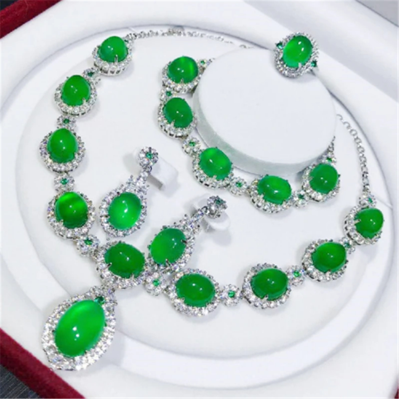 Vintage Jade Diamond Jewelry set 925 Sterling Silver Engagement Wedding Rings Earrings Necklace Bracelet For Women Party Jewelry