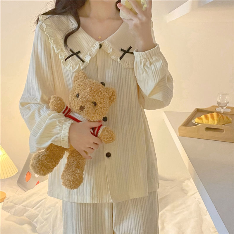 Women's Sleepwear Sweet Long Sleeve Pajama Sets Women Loose Casual Stylish Chic Homewear Single Breasted Ins Cute Bow Princess Nightwear 230310