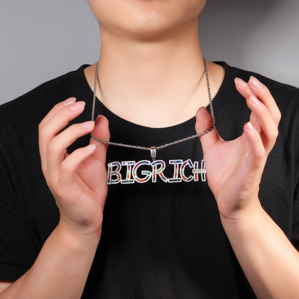 New Colorful A-Z Initial Letter Custom Name Pendant Necklace Personalized Square Iced Out Cubic Zircon CZ Stone 18K Real Gold Hiphop Crystal DIY Jewel