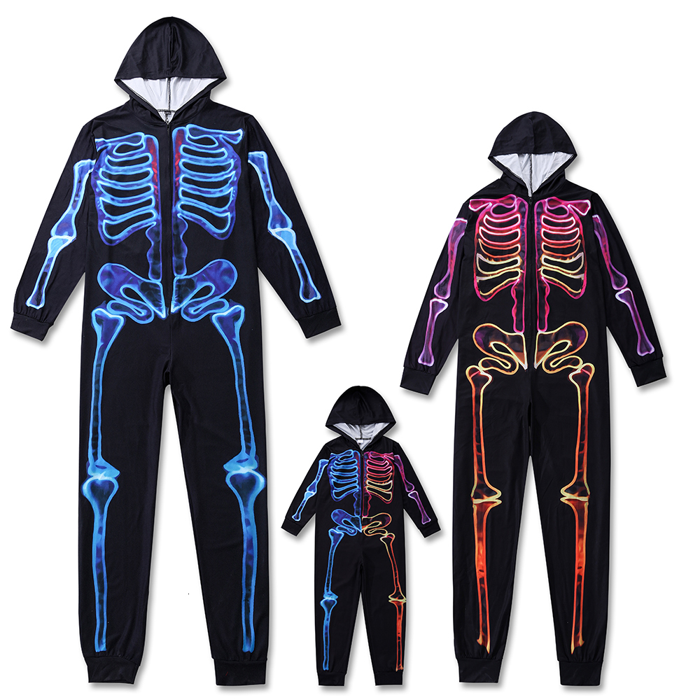 Family Matching Outfits Halloween Scary Skeleton Costume for Adult Kids Horror Skull Jumpsuit Carnival Party Hodded ParentChild Pajama 230310