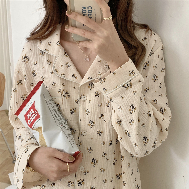 Women's Sleepwear autumn winter crepe cotton two piece set sleepwear women pajamas set long sleeve shirts pants home set floral print vintage Y10