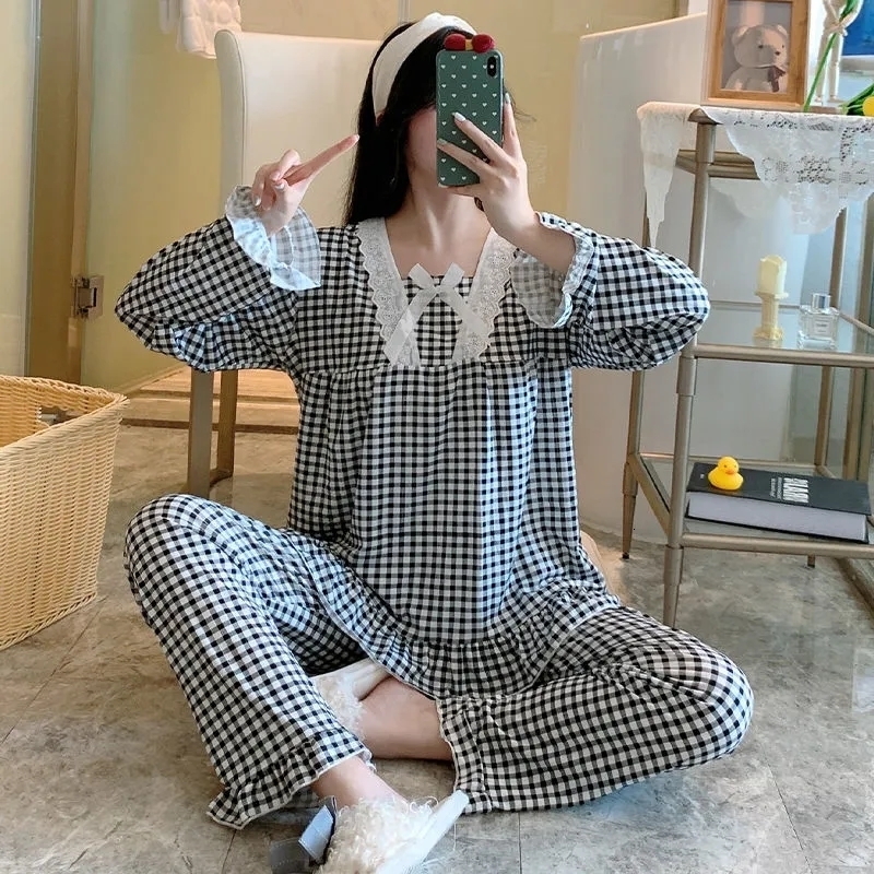 Women's Sleepwear Large Size 5XL 150KG Autumn Pajamas Set Hearted Print Women Pyjamas Sleepwear Pijama Mujer Large Long Sleeve and Pants Homewear