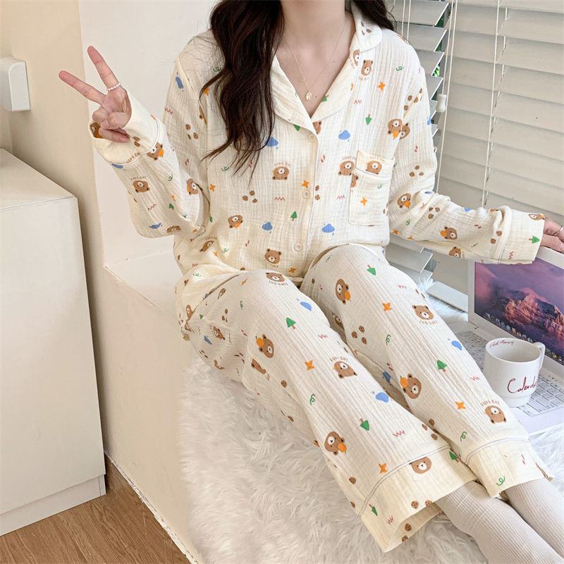 Women's Sleepwear 100%Cotton Gauze Pajamas for Women Korean Long Sleepwear Bear Print Pijamas Pyjamas Long Sleeve 2 Piece Female Set Drop 230310