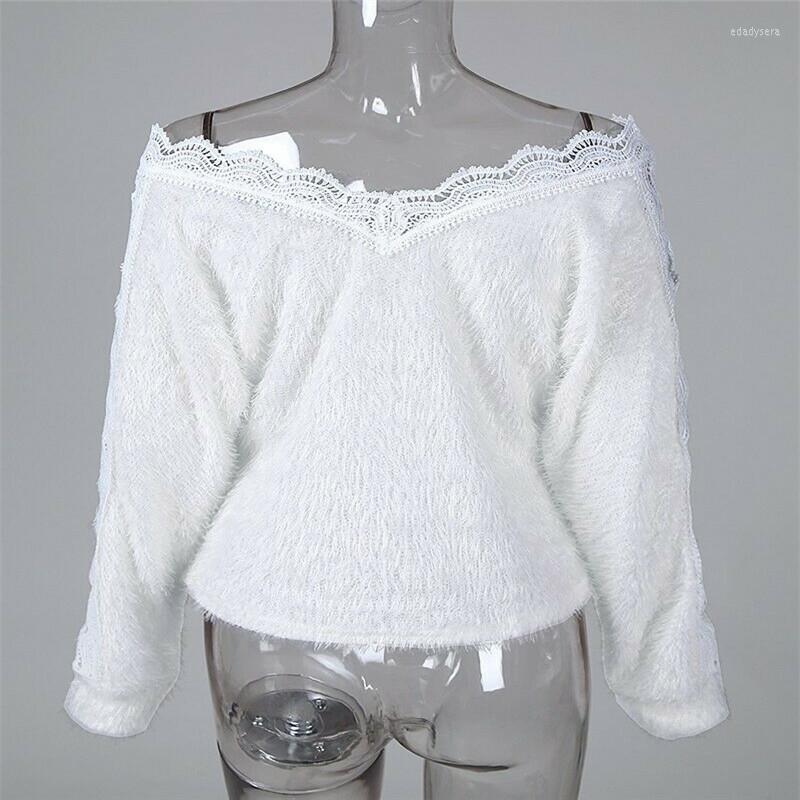 Womens Sweaters White Lace Crochet Hollow Out Long Sleeve Women V-Neck Pullover Jumper Spring Autumn Fashion Casual Woman Clothing