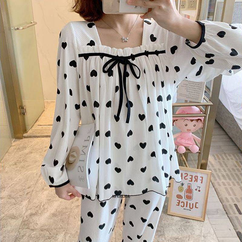 Women's Sleepwear Large Size 5XL 150KG Autumn Pajamas Set Hearted Print Women Pyjamas Sleepwear Pijama Mujer Large Long Sleeve and Pants Homewear