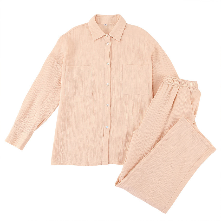Women's Sleepwear Casual Cotton Pajamas For Women Loose Sleepwear Drop Sleeves Home Suit Turn Down Collar Trouser Suits Set Woman 2 Pieces 230310