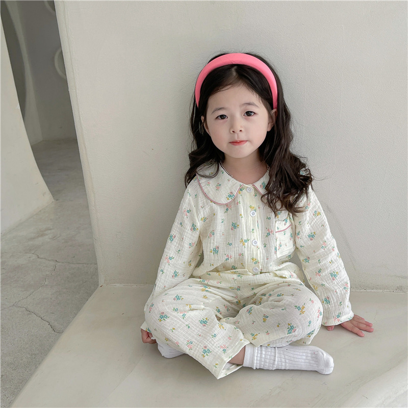 Pajamas Girls Pajamas Kids Spring Long Sleeve Sleepwear Cotton Linen Floral Toddler Kids Clothing Sets Pyjamas 230310