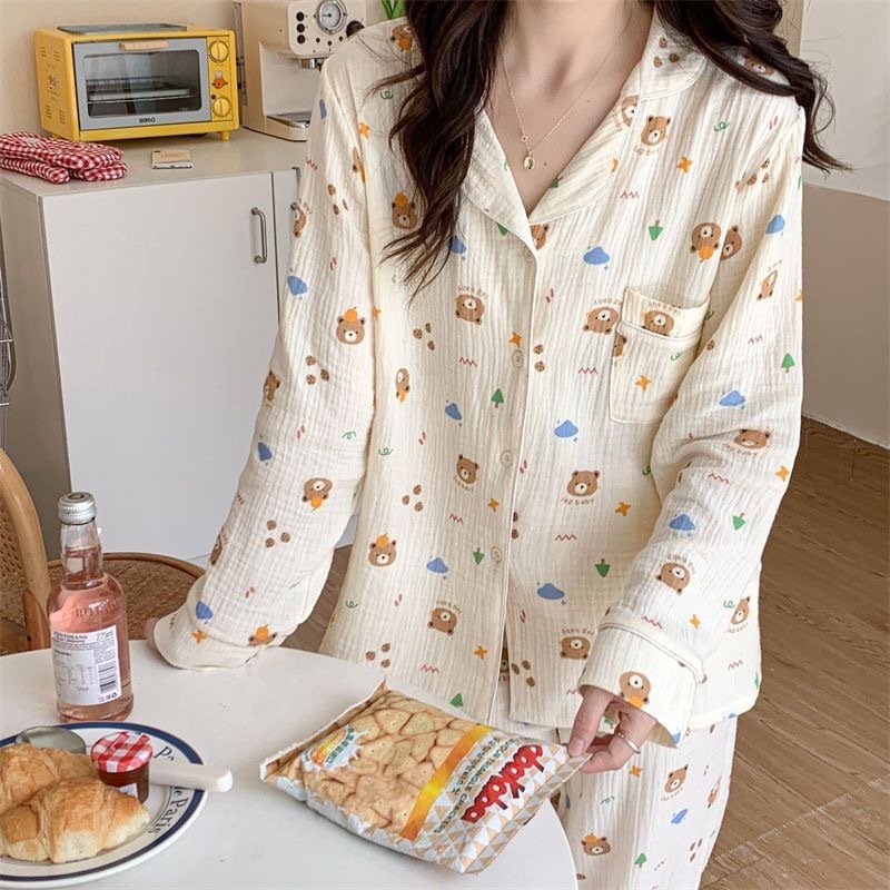 Women's Sleepwear 100%Cotton Gauze Pajamas for Women Korean Long Sleepwear Bear Print Pijamas Pyjamas Long Sleeve 2 Piece Female Set Drop 230310