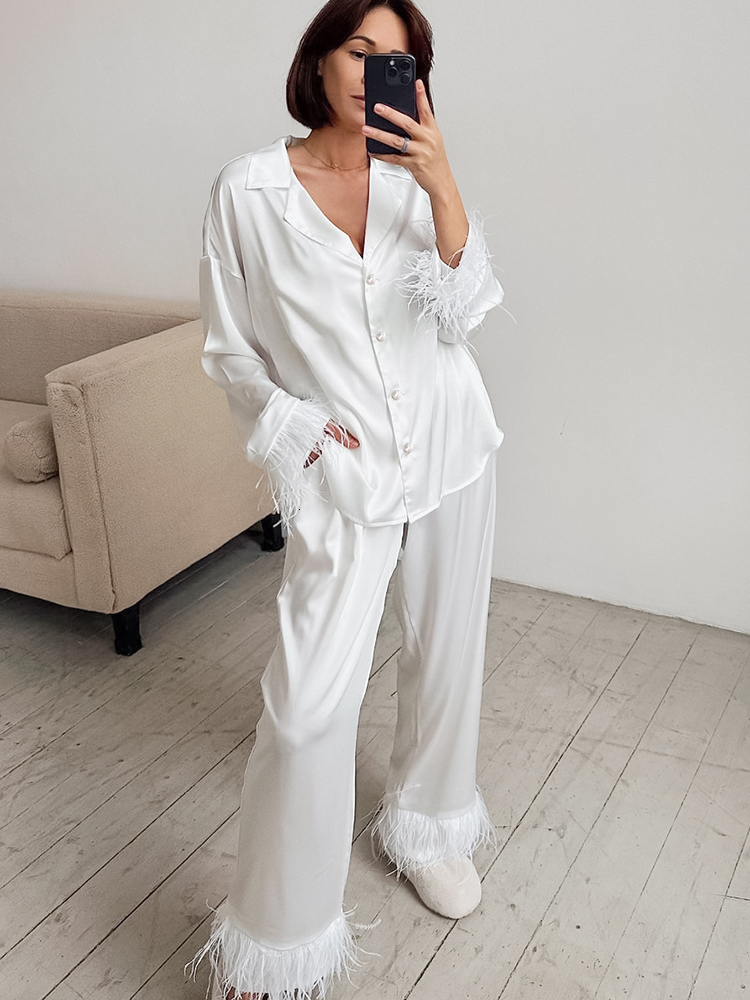 Women's Sleepwear Linad Feathers Pajamas For Women 2 Piece Sets White Long Sleeve Nightwear Female Trouser Suits Spring Casual Sleepwear 230310