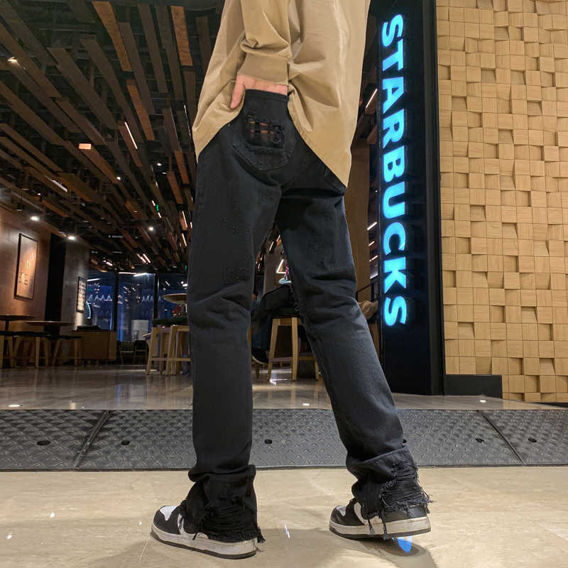 Men's Jeans Street Clothing 2023 New Casual and Comfortable Black Ripped Loose All-match Micro Flared Ladies White Y2303