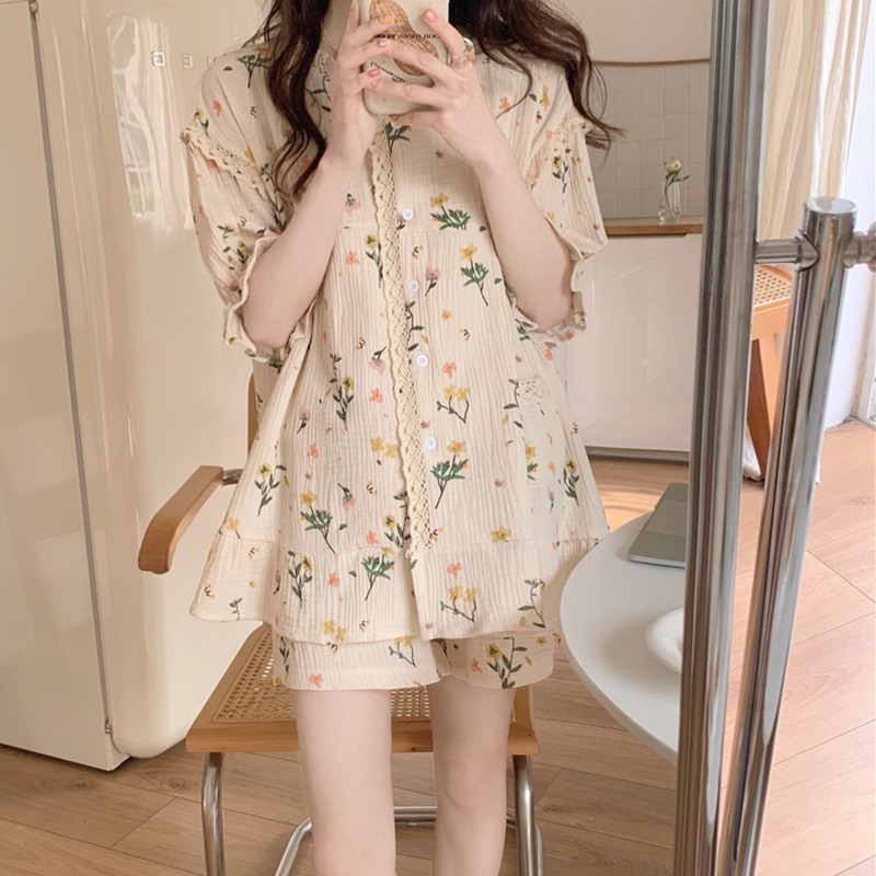 Women's Sleepwear Pajama Sets Turn-down Collar Short Sleeve Women Summer Grid Cherry Bear Print Cartoon Kawaii Trendy Womens 2pcs Pyjamas Elegant