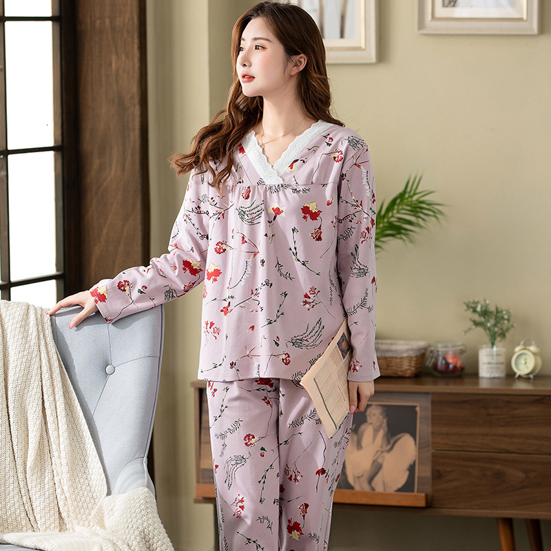 Women's Sleepwear Pajamas Sets Women Floral Full Cotton Fashion Lace Women Long Sleeve Sleepwear Suit 2 piece Sexy Autumn Home Lounge Gift XXXXL 