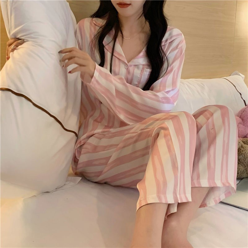 Women's Sleepwear Autumn Winter Long Sleeved Women Pajamas Set Simple Stripes Trousers Pyjamas Sets Loungewear Women Leisure Sleepwear Set 230310