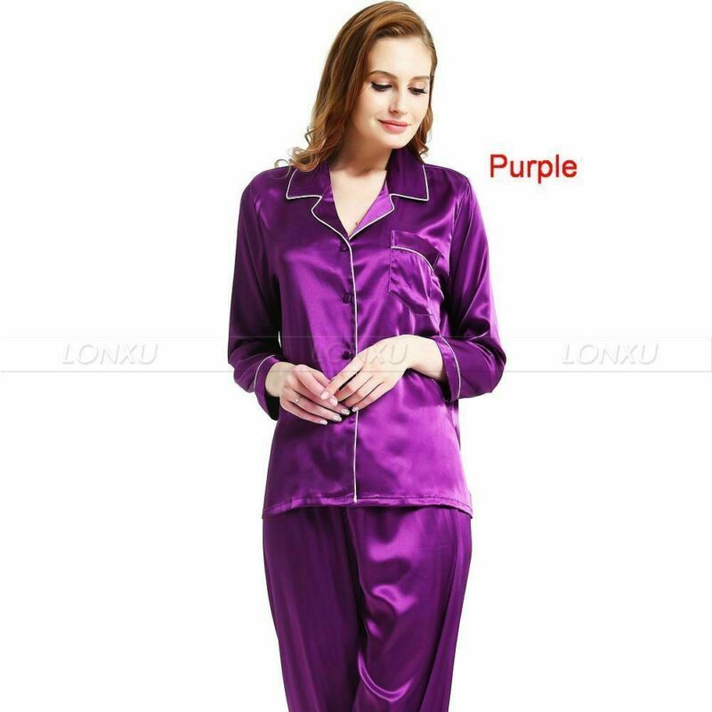 Women's Sleepwear Women Girl Lady Silk Satin Pajamas Set Long Sleeve Button-Down Sleepwear Pajamas Black Purple Red Blue 230310