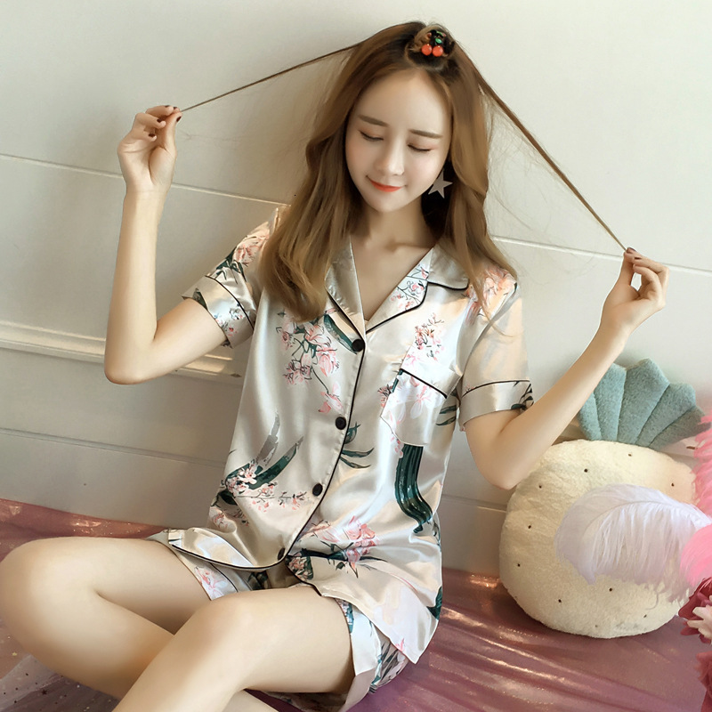 Women's Sleepwear Short Sleeve Silk Pajamas Set Cute Flowers Print Sleepwear Summer Saft 4XL 5XL Spring Women Nightwear Casual Home Clother 23031