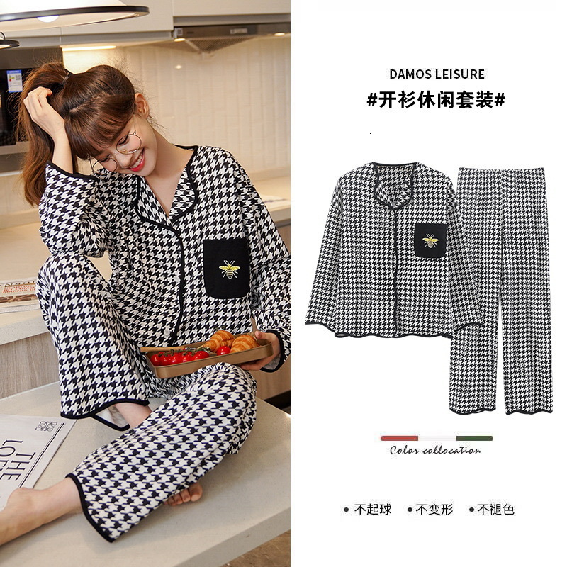 Women's Sleepwear Women's Pajamas Autumn/Winter Long Sleeve Pants Cardigan Lapel Covered Cartoon Simple Cotton Large Size Homewear Set 23031