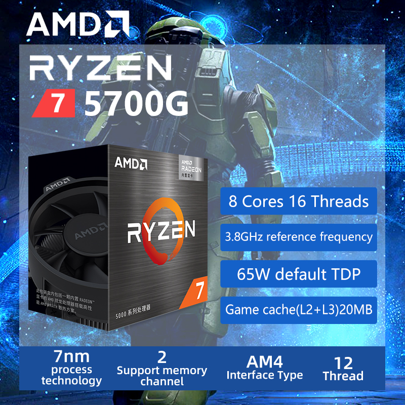 AMD Ryzen 7 5700G R7 5700G 3.8GHz Eight-Core 16-Thread 65W CPU Processor L3=16M 100-000000263 Socket AM4 New and have fan