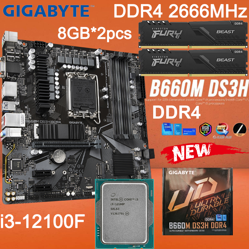 Gigabyte B660M DS3H DDR4 Motherboard LGA 1700 128GB Combo Intel Core i3-12100F D4 2666MHz 8GB * 2PCS Mainboard New Office