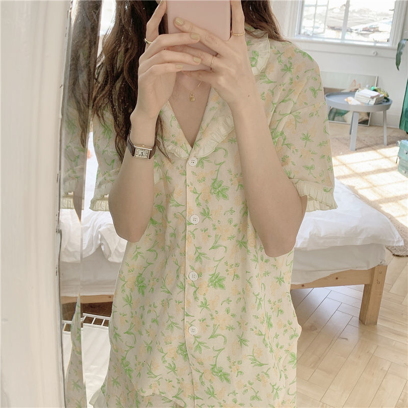 Women's Sleepwear Pajama Sets Women Floral Casual Home Cozy Soft Breathable Kawaii Sweet KChicorean Style Ulzzang Simple Ins Retro Summer Young 2