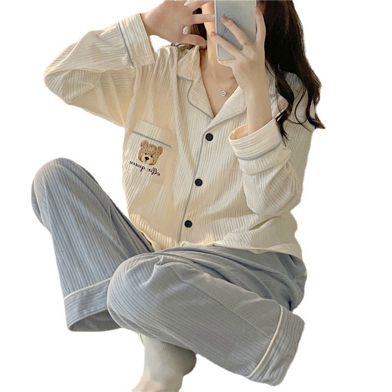 Women's Sleepwear Pajamas Women's Autumn and Winter Cardigan Sweet Simple Student Cute Cartoon Spring Loungewear Set 230310