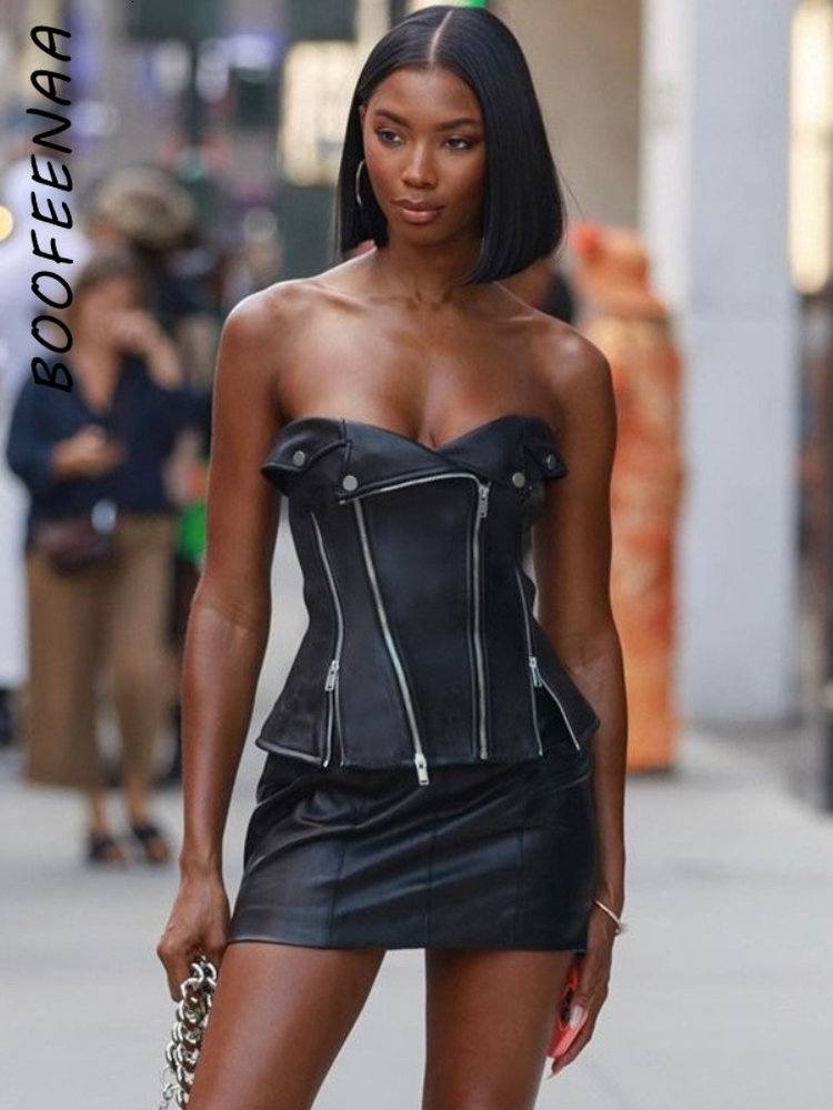 Womens Tanks Camis BOOFEENAA Trendy PU Leather Black Tube Tops Womens Streetwear Y2k Irregular Zipper Strapless Corset Busiter Nightclub C66DZ25 23031