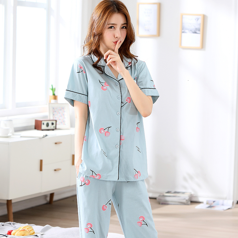 Women's Sleepwear Fashion Cotton Pajama Set Women Summer Short Sleeve XXL 3XL Big Sleepwear Cherry Printed Long Pants Women's Pajamas 230310
