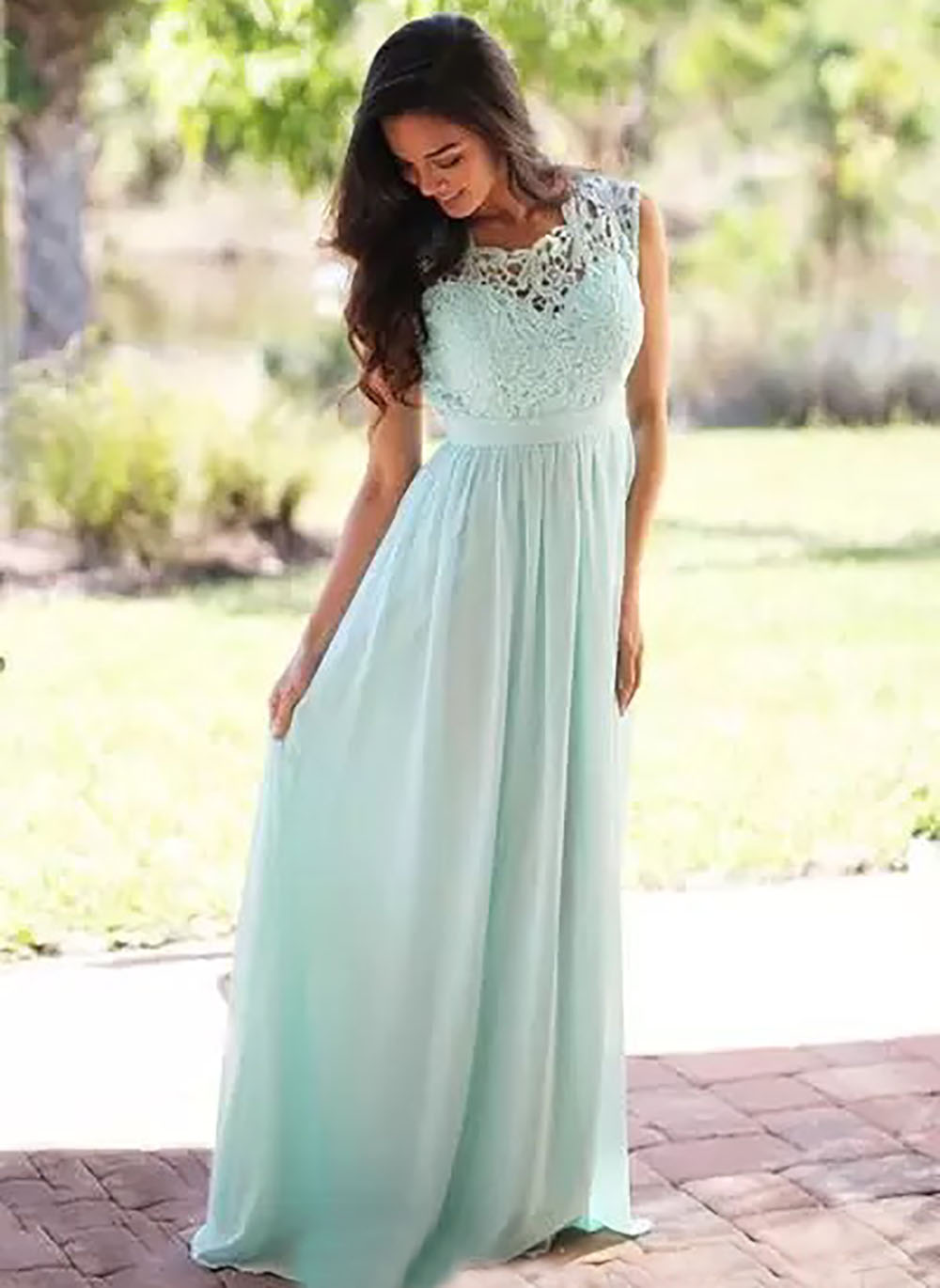 Sage Bridesmaid Dresses Formal O-Neck Gown For Weddings A Line Sleeveless Floor-Length Chiffon Lace Plus Size New Zipper NONE Train