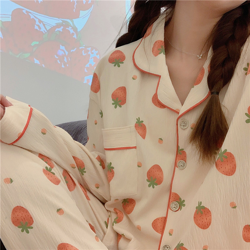 Women's Sleepwear Long Sleeve Pajama Set Turndown Collar Cardigan Strawberry Print Cartoon Women Gauze Cotton Kawaii Trendy Women Pyjamas Elegant