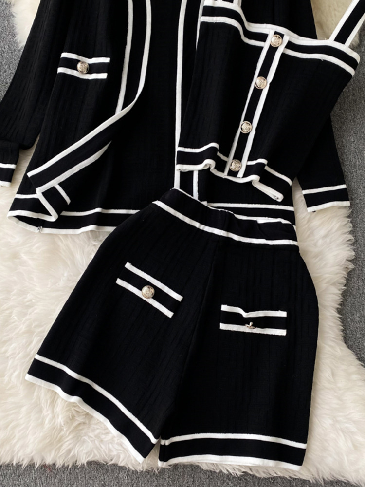 Women's long pants casual long sleeved V-neck cardigan jacket camisole vest waist shorts high-quality chic button retro 3-piece set