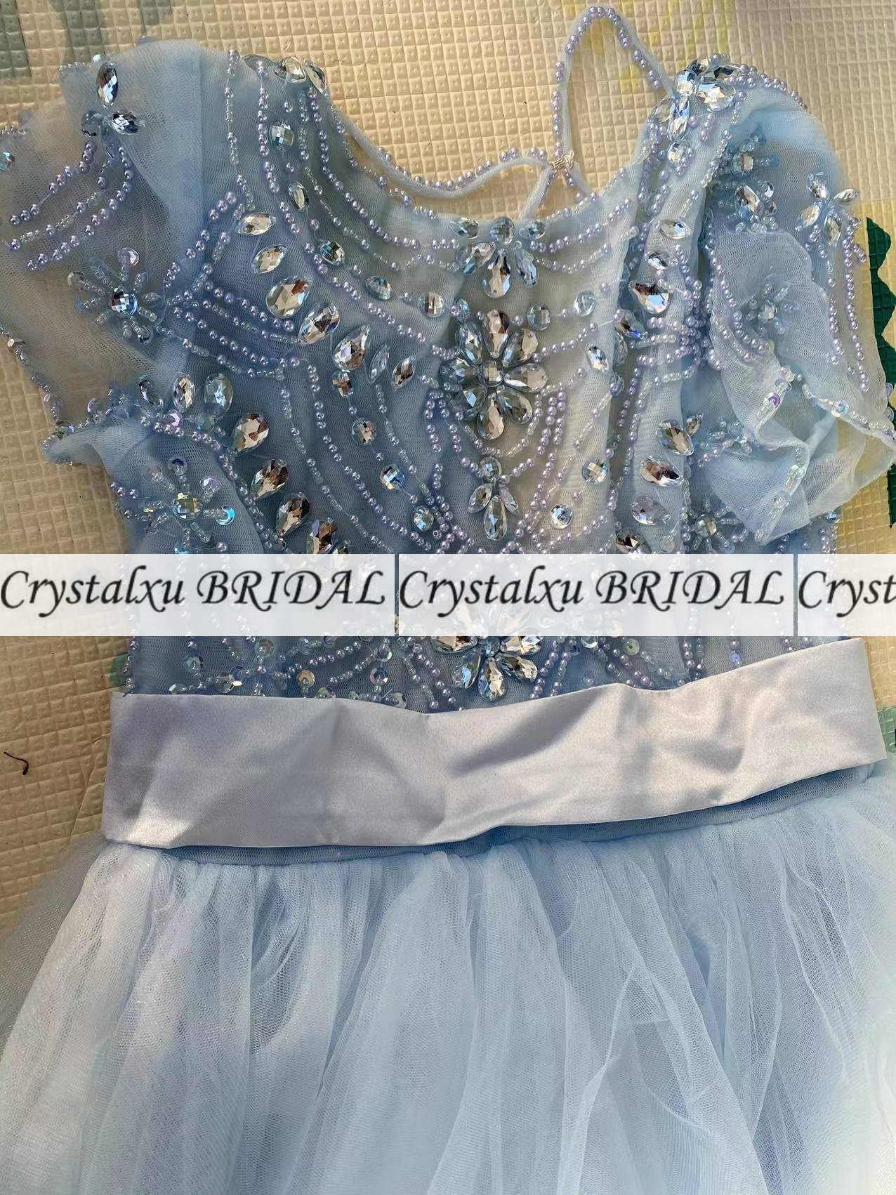 2023 Sky Blue Girls Pageant Dresses Jewel Neck Tulle Crystal Beads Floor Length Long Criss Cross Back Kids Wedding Flower Girls Dress