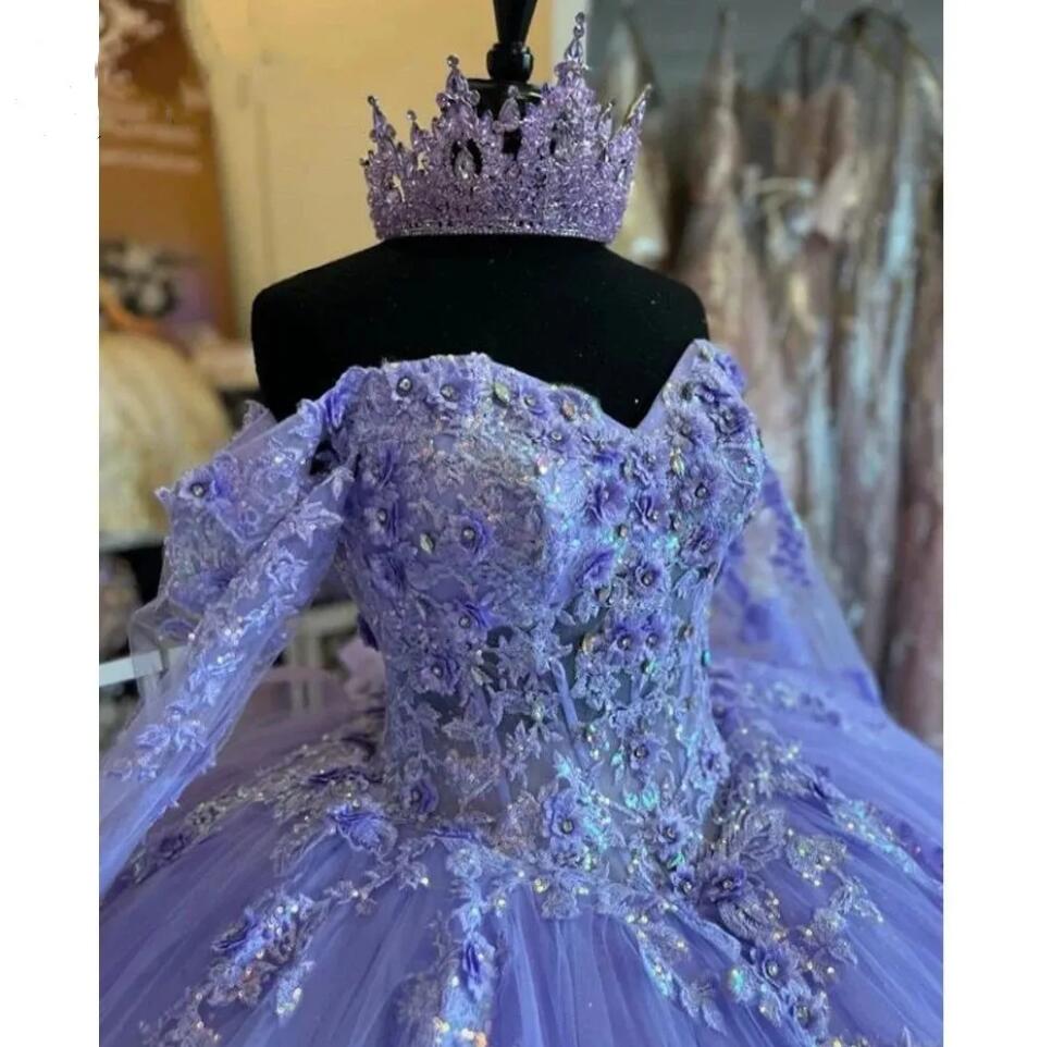 Lavender lilac Quinceanera Dresses 3D Flowers Appliques Off Shoulder lace-up corset long sleeve Princess vestidos de 15 anos