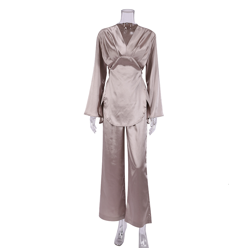 Women's Sleepwear Restve Chic Pajamas For Women 2 Piece Set Satin V Neck Long Sleeve Tops Solid Home Suit Sets With Pants Casual Autumn 230310