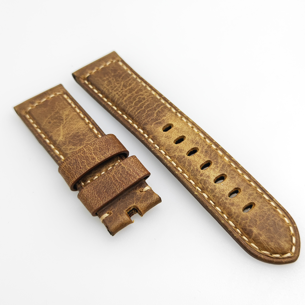 24mm Brown Waxy Crack Calf Leather Watch Band Strap Fit For PAM PAM111 Wirst Watch