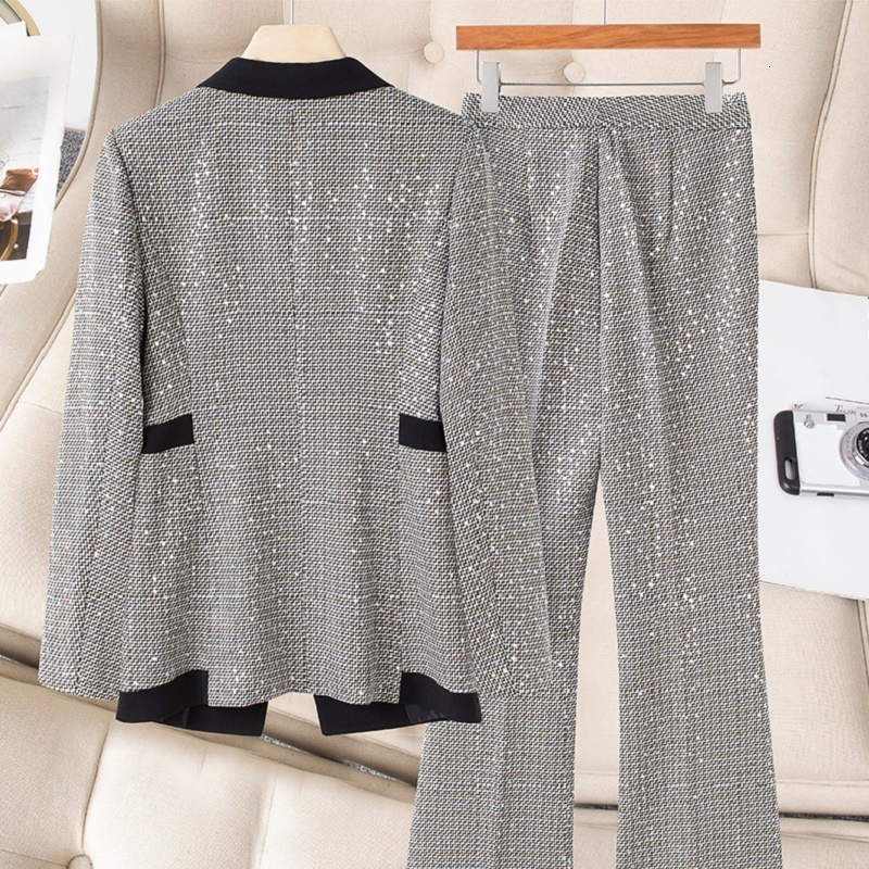 Women's Two Piece Pants est Runway Elegant Sexy Sequin Single Button Plaid Blazer And OL High Waist Flare Business Suits 230310